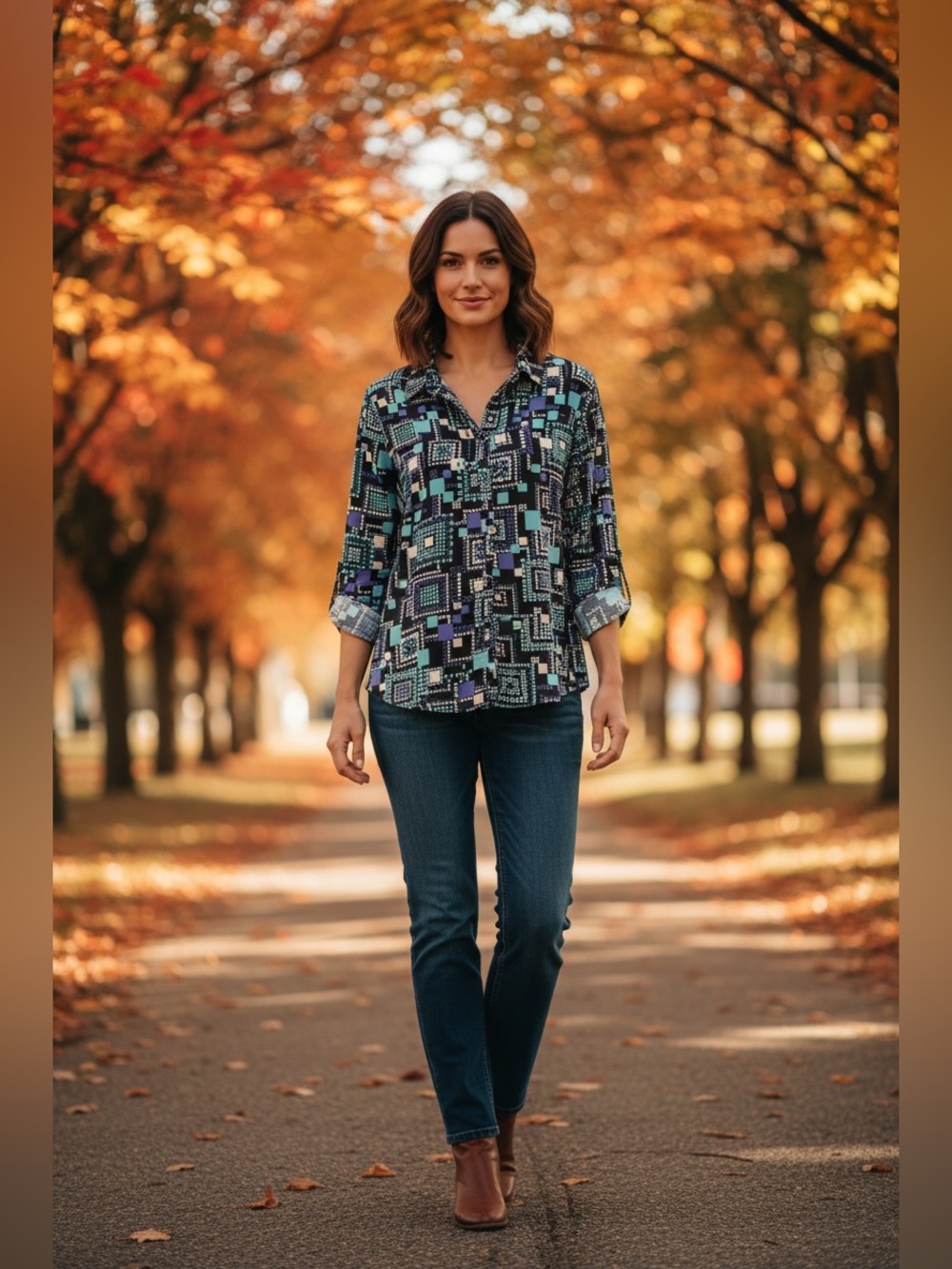 Club Z Geometric Print Button-Down Shirt in Navy and Teal